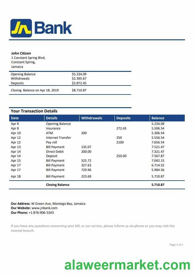 Jamaica National Bank statement